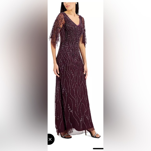 V-Neck Beaded Flutter Sleeve Formal Gown. Mother of the Bride Dress - Picture 6 of 8